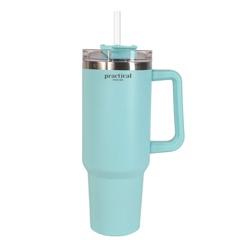 Practical Pours 40 Oz Tumbler With Handle And Straw Lid | Reusable Stainless Steel Water Bottle Travel Mug Cupholder Friendly | Mother's Day Gifts For Women Men Him Her | Teal Blue, 40Oz