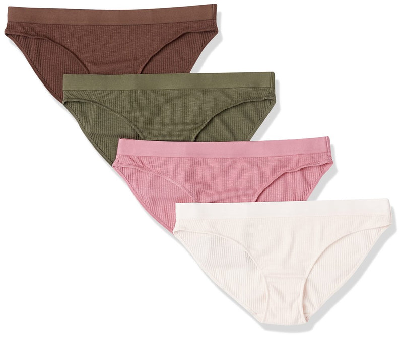 Amazon Essentials Women's Ribbed Bikini Underwear, Pack Of 4, Brown/Pale Pink/Green, Small
