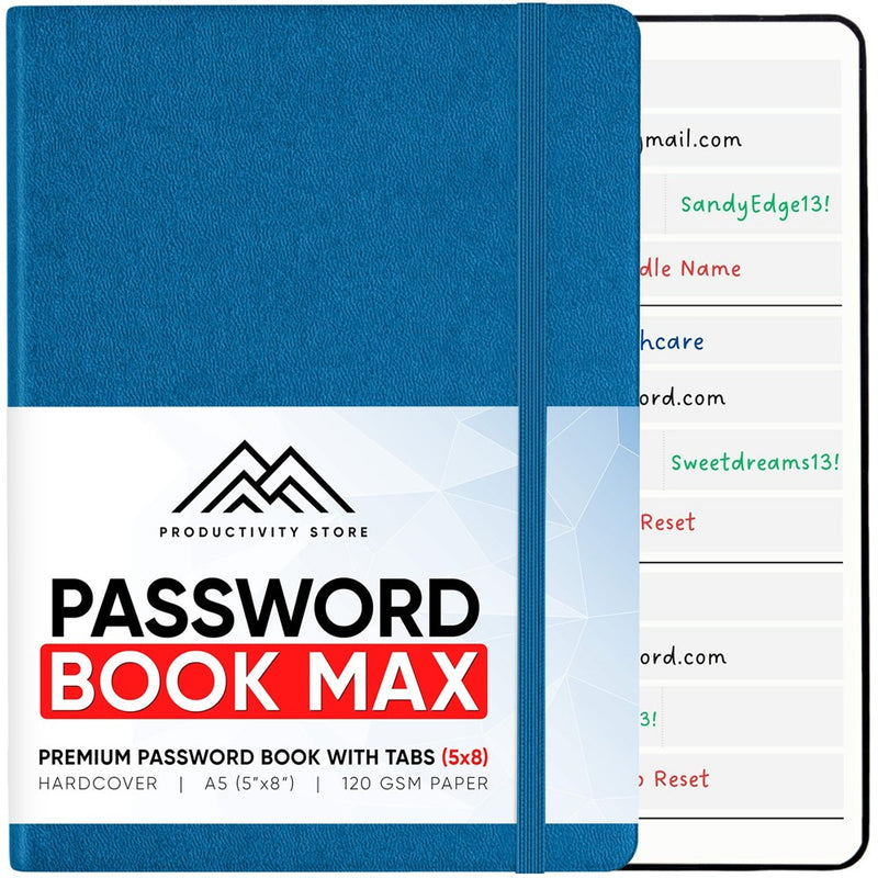 PRODUCTIVITY STORE Best Password Book With Alphabetical Tabs | Password Book, Organizer & Notebook | Password Keeper To Keep Website Logins & Passwords Safe | Navy Blue | Medium 5X8