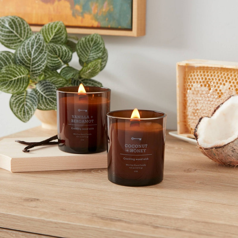 Set of 2 4.5oz Wooden Wick Amber Glass Candle Gift Set Coconut and Honey & Vanilla and Bergamot - Threshold: Soy Wax Jar, Home Fragrance