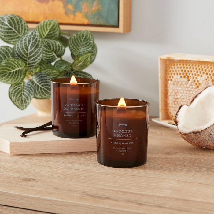 Set of 2 4.5oz Wooden Wick Amber Glass Candle Gift Set Coconut and Honey & Vanilla and Bergamot - Threshold: Soy Wax Jar, Home Fragrance