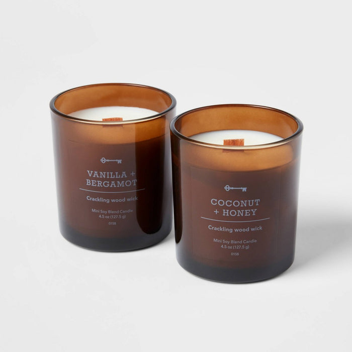 Set of 2 4.5oz Wooden Wick Amber Glass Candle Gift Set Coconut and Honey & Vanilla and Bergamot - Threshold: Soy Wax Jar, Home Fragrance