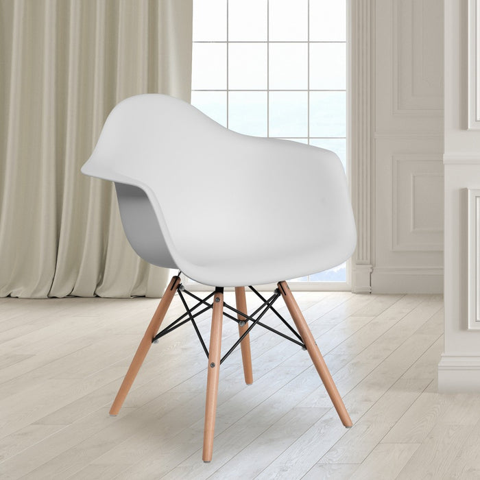 Emma and Oliver White Plastic Chair with Arms and Wooden Legs (LOCAL PICKUP ONLY)