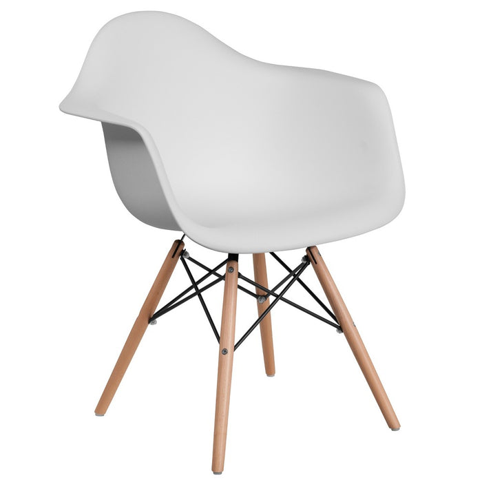 Emma and Oliver White Plastic Chair with Arms and Wooden Legs (LOCAL PICKUP ONLY)