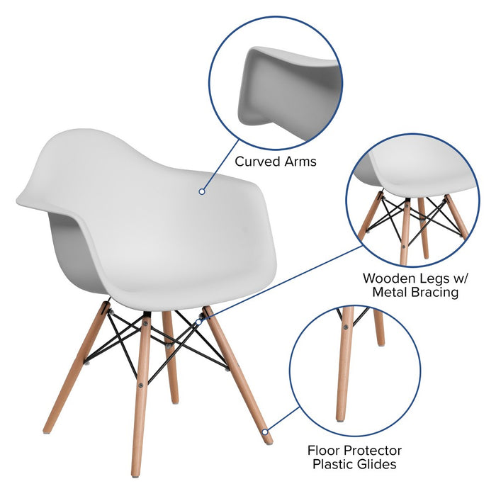Emma and Oliver White Plastic Chair with Arms and Wooden Legs (LOCAL PICKUP ONLY)