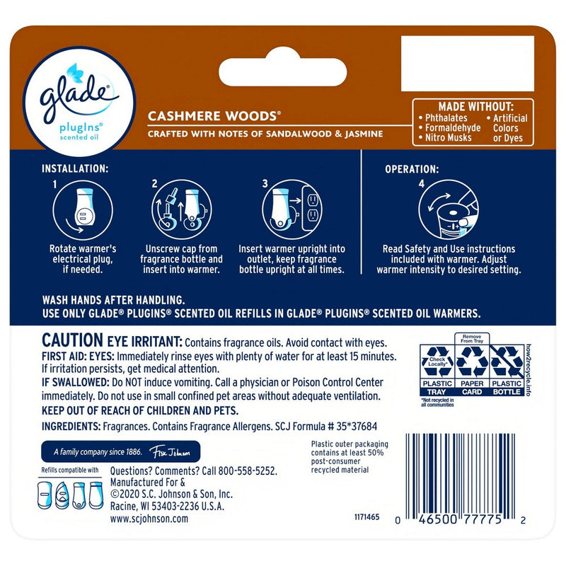 Glade PlugIns Scented Oil Air Freshener Refills Cashmere Woods - 3.35 fl oz/5ct