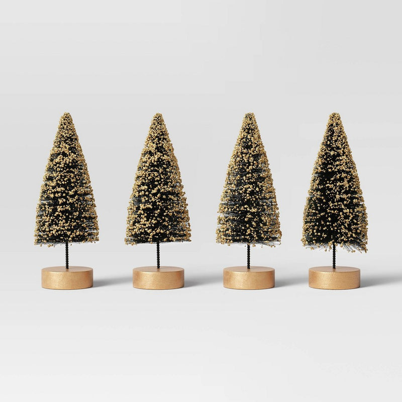 4pc 4" Glittered Sisal Christmas Bottle Brush Tree Set - Wondershop Black