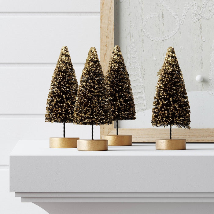 4pc 4" Glittered Sisal Christmas Bottle Brush Tree Set - Wondershop Black