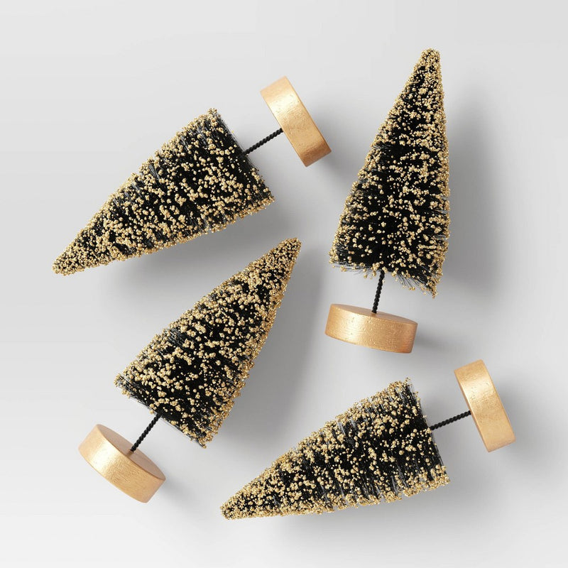 4pc 4" Glittered Sisal Christmas Bottle Brush Tree Set - Wondershop Black