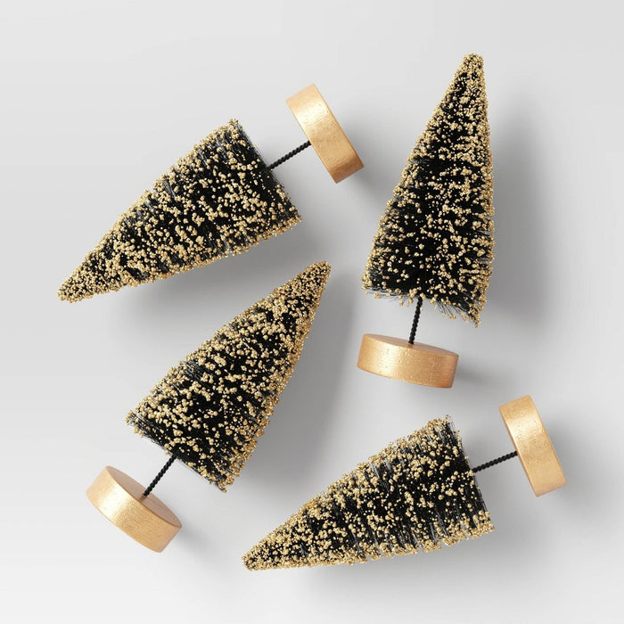 4pc 4" Glittered Sisal Christmas Bottle Brush Tree Set - Wondershop Black