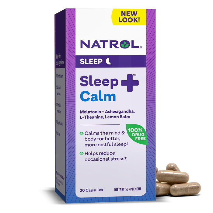 Natrol Sleep+ Calm Melatonin 6Mg With Ashwagandha, L-Theanine And Lemon Balm, Dietary Supplement For Restful Sleep And Calm The Mind, 30 Capsules, 30 Day Supply
