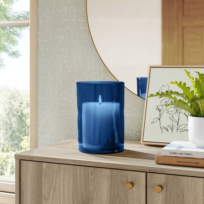 Medium Glass Hurricane Pillar Candle Holder Blue - Threshold: Modern Tabletop Decor, 7.91" Height