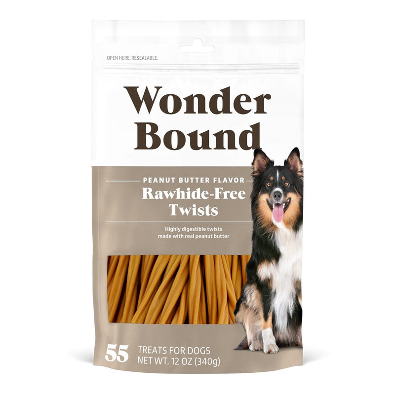 Amazon Brand - Wonder Bound Peanut Butter Flavor Rawhide Free Twists Dog Treats, Long-Lasting, Easily Digestible Dental Health Chews, 55 Count, 12 Ounces (Pack Of 1)