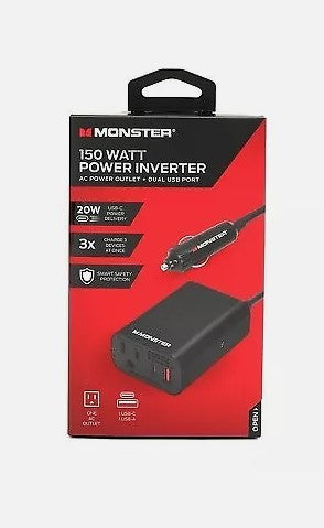 Monster 150Watt Power Inverter with Dual Port USB 20W USB-C, QC 3.0 USB-A