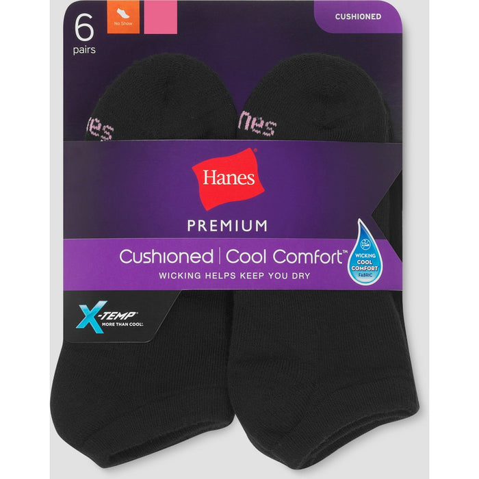 Hanes Premium Women's 6pk Cushioned No Show Socks - Black 5-9
