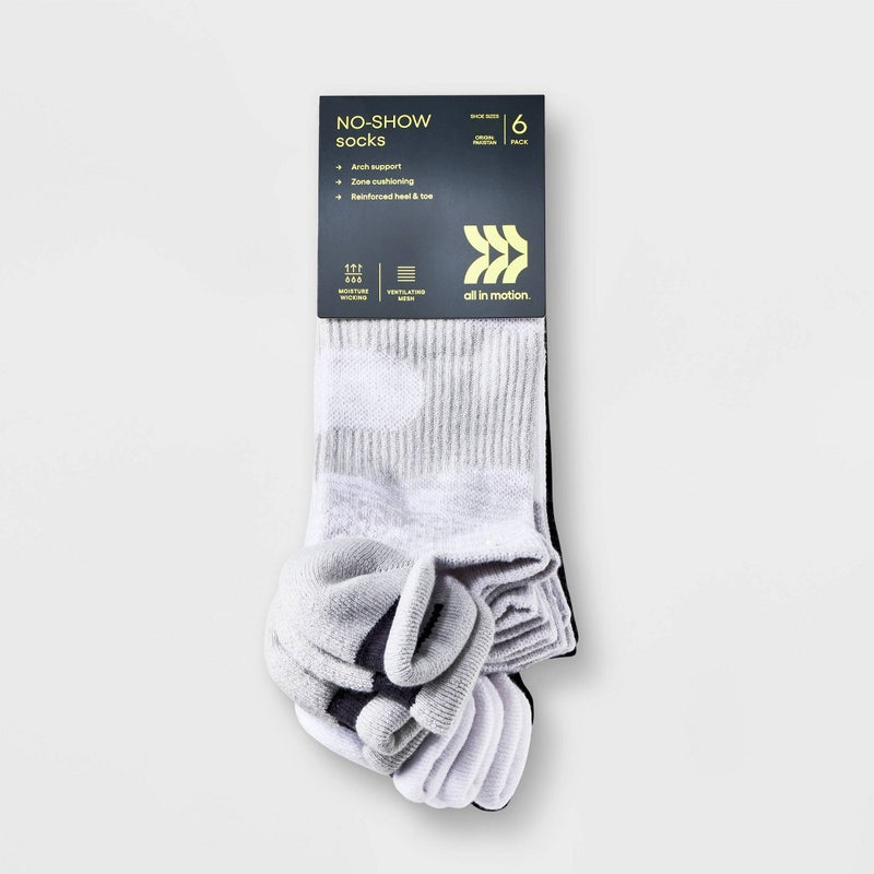 Women's 6pk Active Accents No Show Tab Athletic Socks - All In Motion White/Gray/Black 4-10