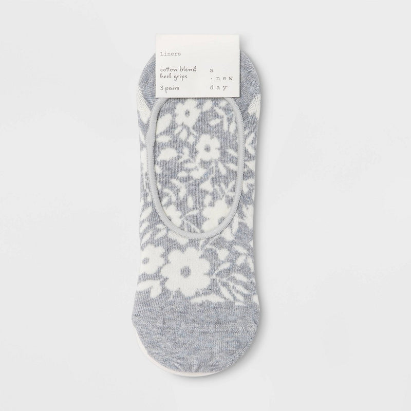 Women's Floral Print 3pk Liner Socks - A New Day Heather Gray/Cream 4-10