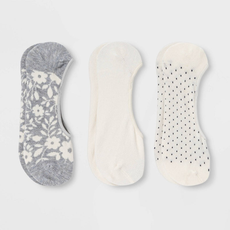 Women's Floral Print 3pk Liner Socks - A New Day Heather Gray/Cream 4-10