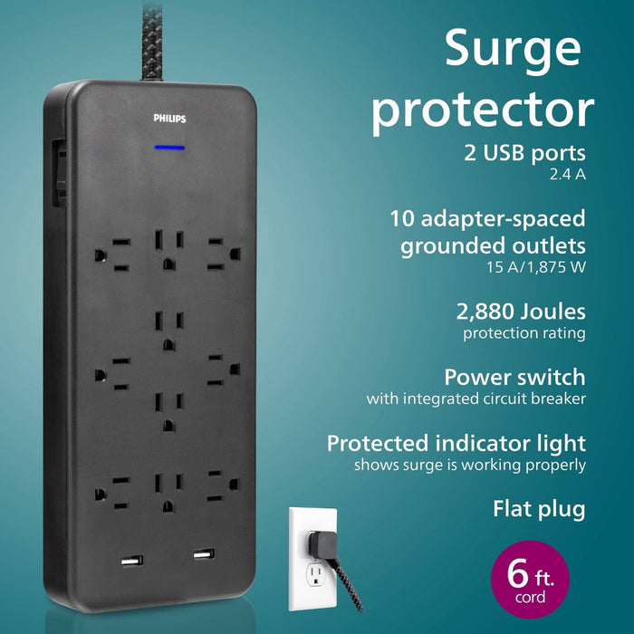 Philips 10-Outlet Surge 6' Braided cord 2880J 2 USB-A - 2.4A Adapter-Spaced - Black