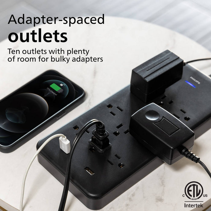 Philips 10-Outlet Surge 6' Braided cord 2880J 2 USB-A - 2.4A Adapter-Spaced - Black