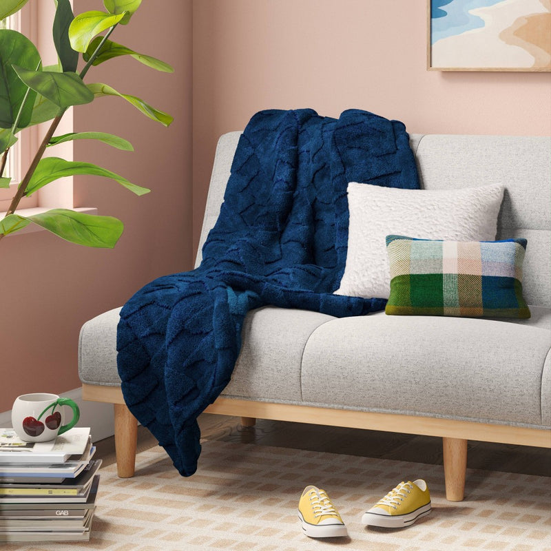 Geometric Jacquard Faux Shearling Throw Blanket Navy - Room Essentials