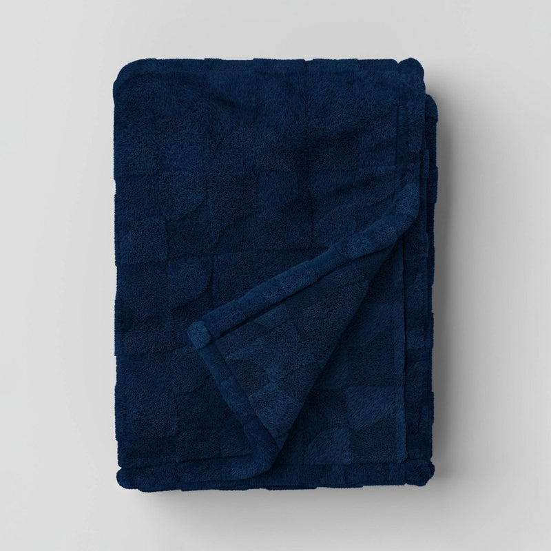 Geometric Jacquard Faux Shearling Throw Blanket Navy - Room Essentials