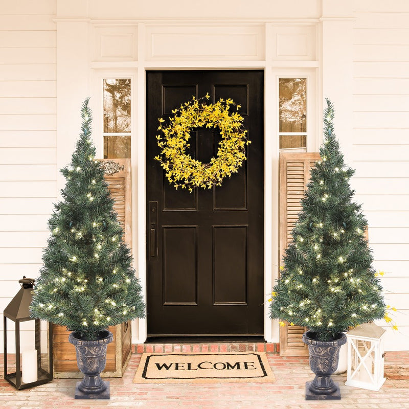 LuxenHome Set of 2 3.9' Pre-Lit LED Artificial Pine Christmas Tree with Urn Pot Green (LOCAL PICKUP ONLY)