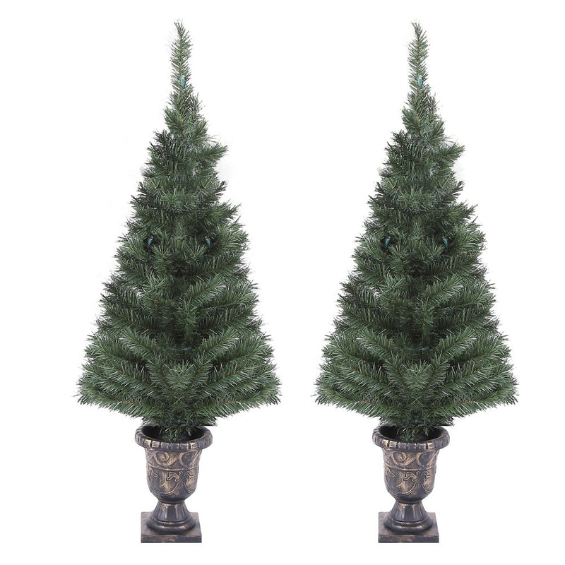 LuxenHome Set of 2 3.9' Pre-Lit LED Artificial Pine Christmas Tree with Urn Pot Green (LOCAL PICKUP ONLY)