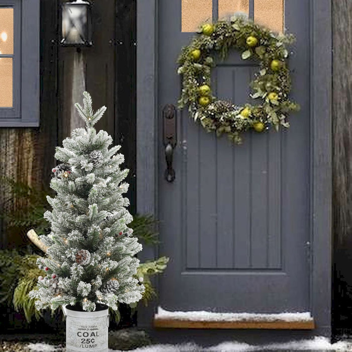 LuxenHome 3' Pre-Lit Artificial Flocked Pine Christmas Tree with Pine Cones, Berries, and Metal Pot Off-White (LOCAL PICKUP ONLY)