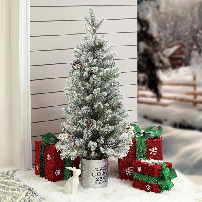 LuxenHome 3' Pre-Lit Artificial Flocked Pine Christmas Tree with Pine Cones, Berries, and Metal Pot Off-White (LOCAL PICKUP ONLY)