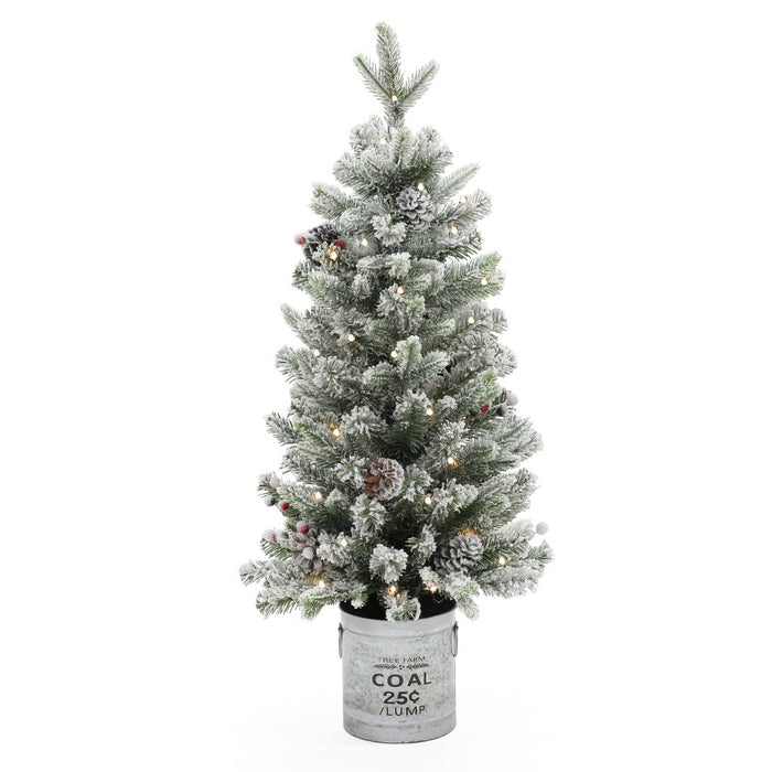 LuxenHome 3' Pre-Lit Artificial Flocked Pine Christmas Tree with Pine Cones, Berries, and Metal Pot Off-White (LOCAL PICKUP ONLY)