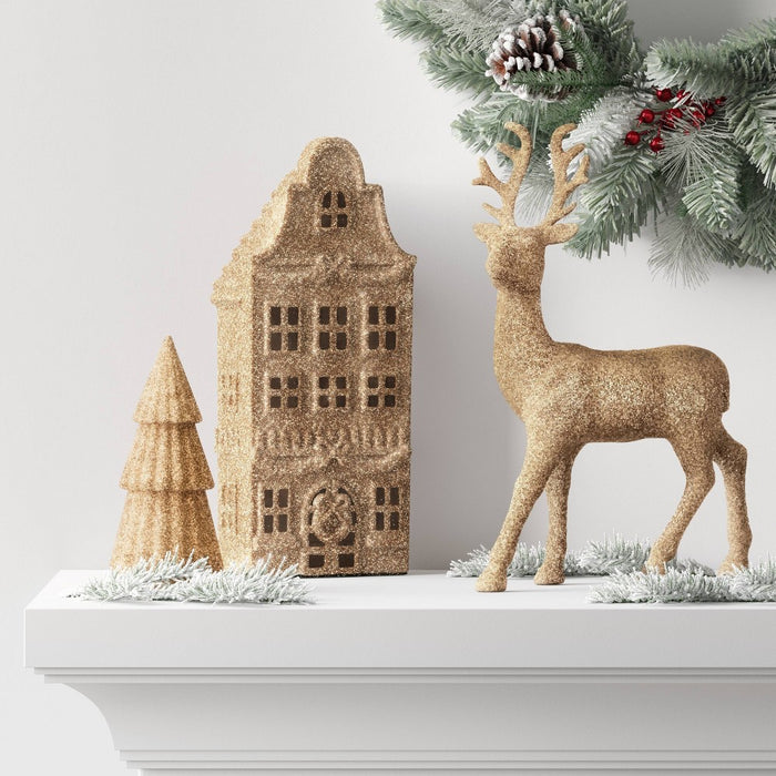 Glittered House Christmas Village Building - Wondershop Champagne
