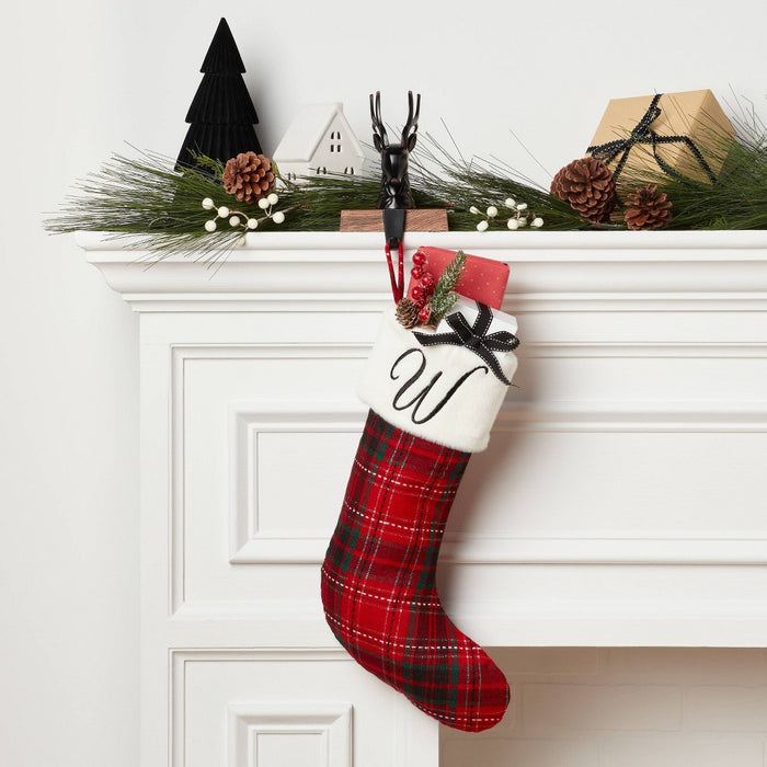 20" Plaid Monogram 'W' Christmas Holiday Stocking with Faux Fur Cuff Red/Green/White - Wondershop
