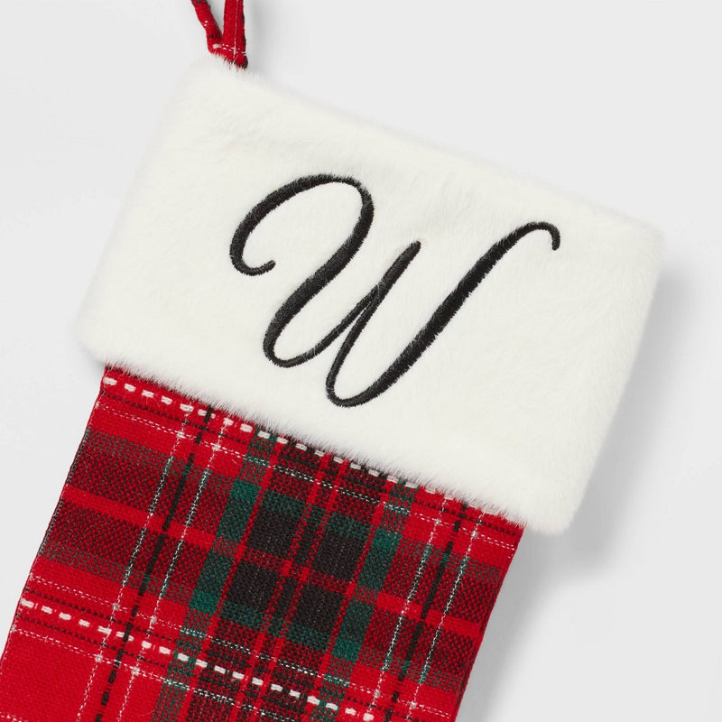20" Plaid Monogram 'W' Christmas Holiday Stocking with Faux Fur Cuff Red/Green/White - Wondershop