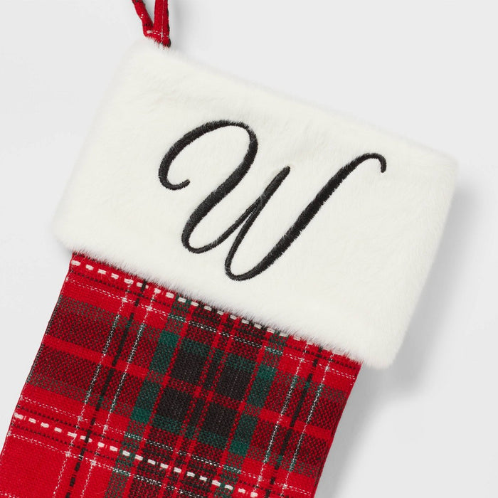 20" Plaid Monogram 'W' Christmas Holiday Stocking with Faux Fur Cuff Red/Green/White - Wondershop