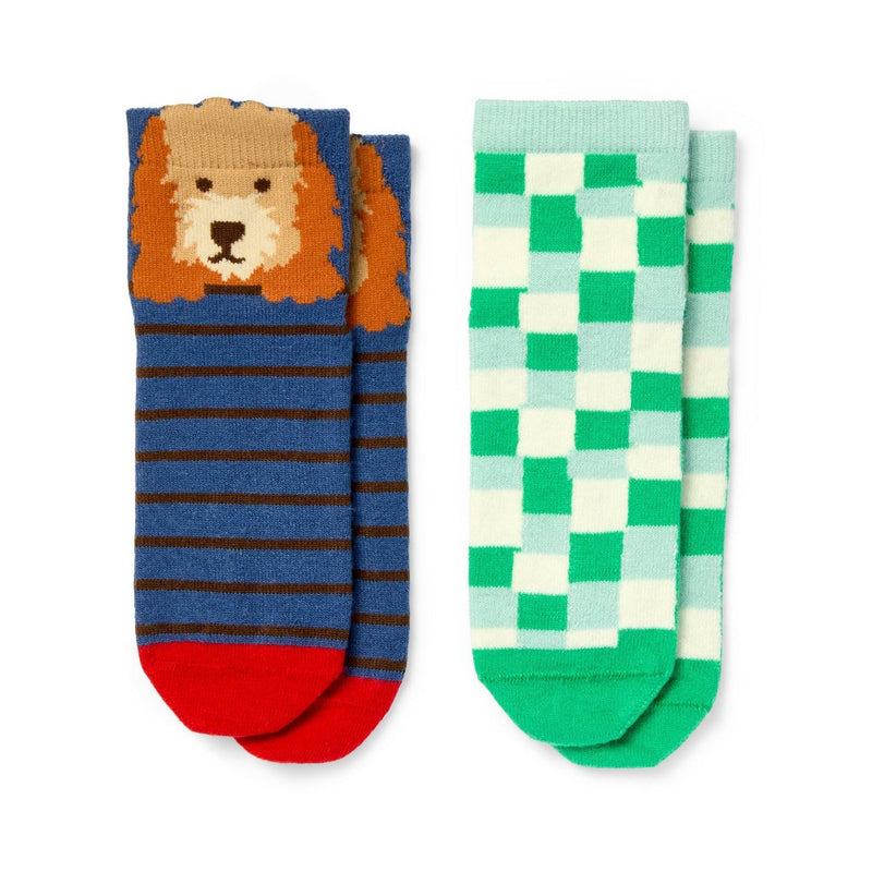 Kids' 2pk Socks - Dog Stripe & Green Check - Blue/Green - The Cuddle Collab