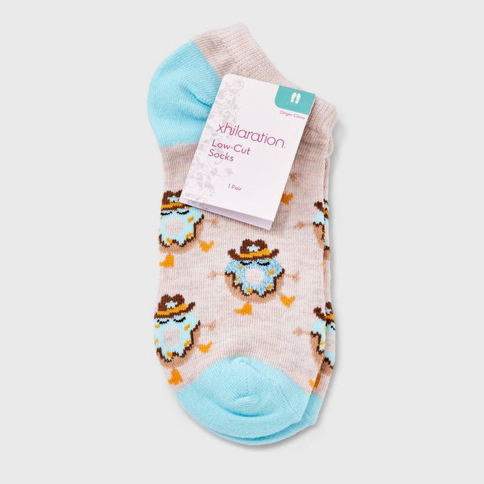 Women's Cowboy Donuts Low Cut Socks - Xhilaration Oatmeal Heather/Aqua 4-10
