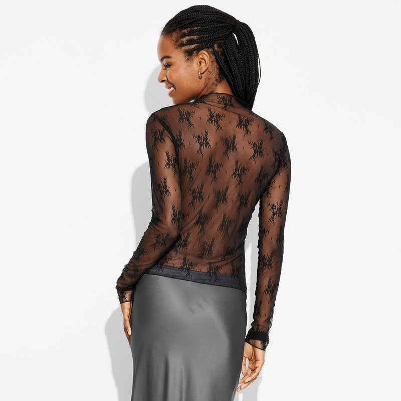 Women's Long Sleeve Mock Turtleneck Lace Shirt - Wild Fable Black L