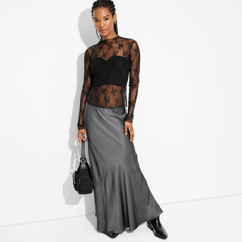 Women's Long Sleeve Mock Turtleneck Lace Shirt - Wild Fable Black L