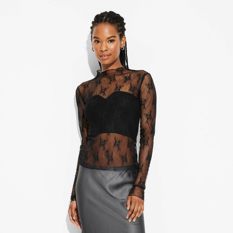 Women's Long Sleeve Mock Turtleneck Lace Shirt - Wild Fable Black L