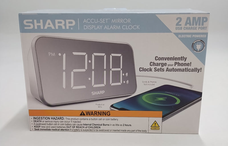 Sharp: Modern Bedside LED Clock with USB Port Mirror Display Alarm White