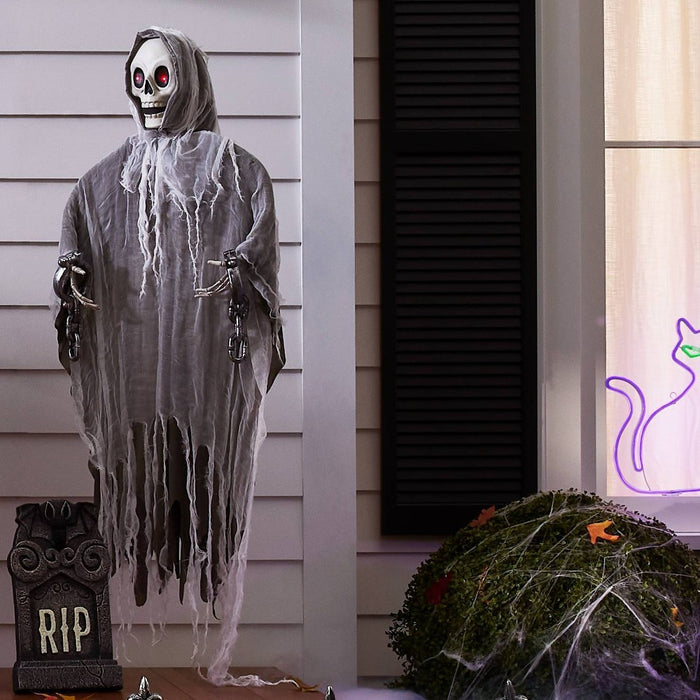 60" Animated Reaper Skeleton with Chains Halloween Decorative Mannequin - Hyde & EEK! Boutique: Glowing Red Eyes, Polyester Cloak