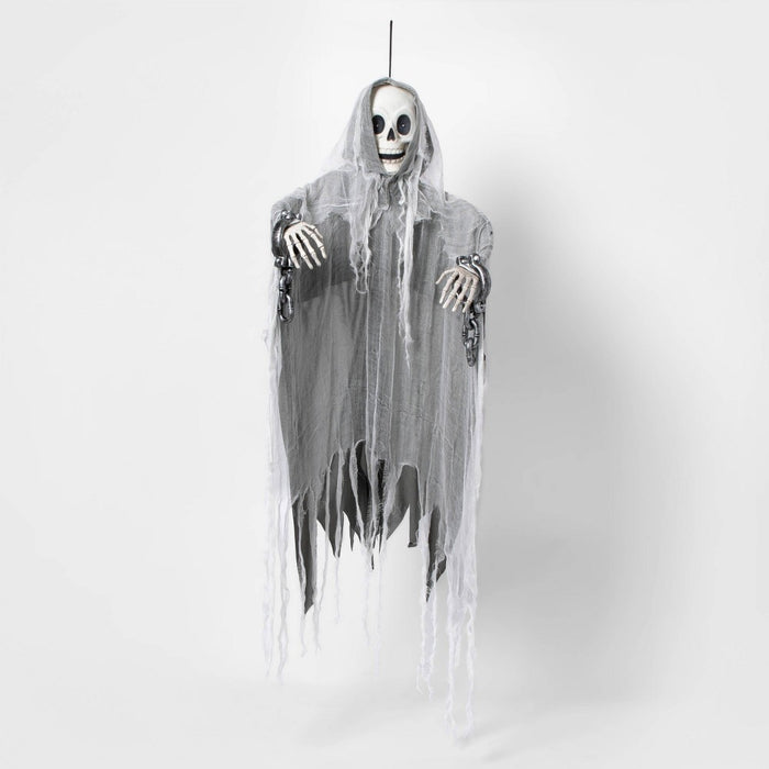 60" Animated Reaper Skeleton with Chains Halloween Decorative Mannequin - Hyde & EEK! Boutique: Glowing Red Eyes, Polyester Cloak