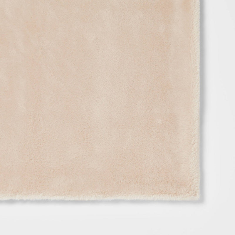 Faux Rabbit Fur Reversible Throw Blanket Neutral - Threshold: Soft, Cozy, Midweight, Machine Washable