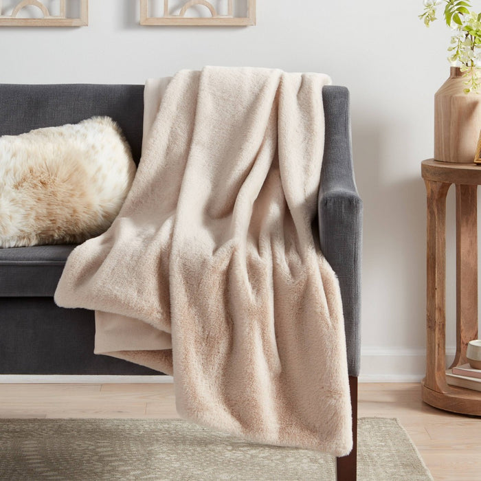 Faux Rabbit Fur Reversible Throw Blanket Neutral - Threshold: Soft, Cozy, Midweight, Machine Washable