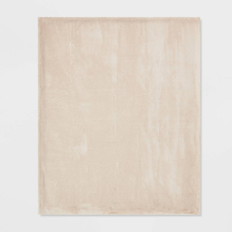 Faux Rabbit Fur Reversible Throw Blanket Neutral - Threshold: Soft, Cozy, Midweight, Machine Washable