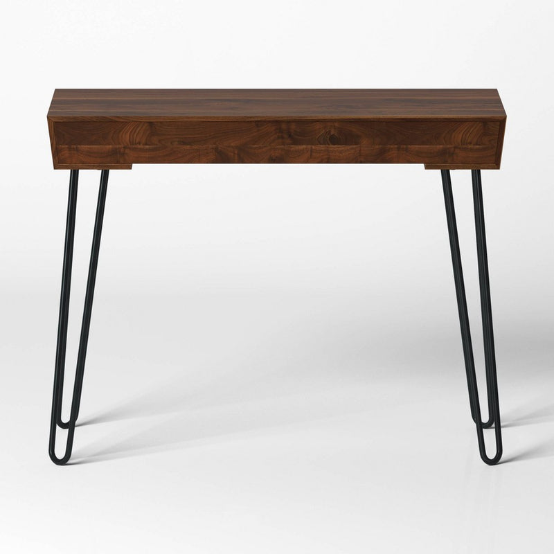 Hairpin Writing Desk with Storage Brown - Threshold: Walnut Finish, Metal Legs, Open Compartments (LOCAL PICKUP ONLY)