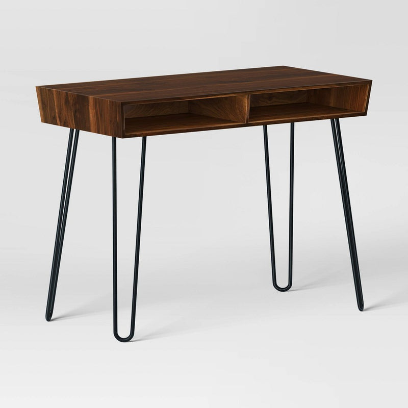 Hairpin Writing Desk with Storage Brown - Threshold: Walnut Finish, Metal Legs, Open Compartments (LOCAL PICKUP ONLY)