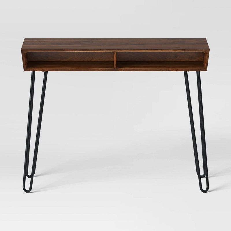 Hairpin Writing Desk with Storage Brown - Threshold: Walnut Finish, Metal Legs, Open Compartments (LOCAL PICKUP ONLY)