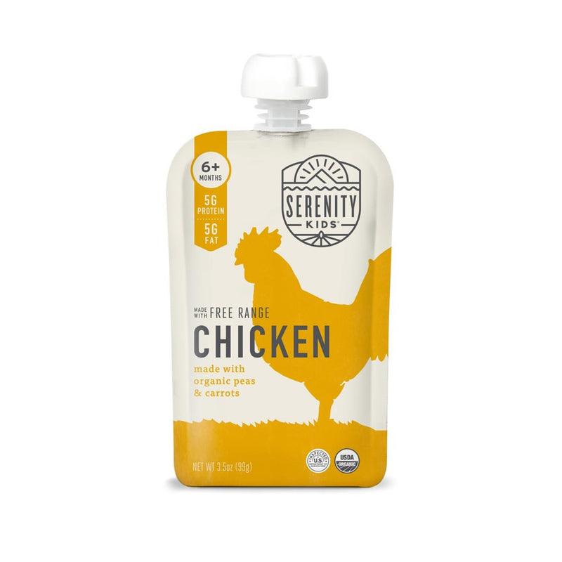 Serenity Kids 6+ Months Baby Food Pouches Puree Made With Ethically Sourced Meats & Organic Veggies | 3.5 Ounce BPA-Free Pouch | Free Range Chicken, Pea, Carrot | 6 Count